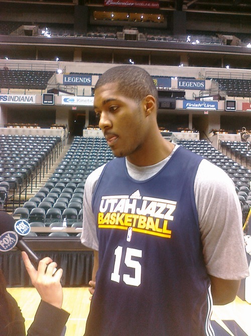 Brian T. Smith  |  The Salt Lake Tribune

Derrick Favors speaks with reporters Friday during the Jazz shoot-around in Indianapolis.