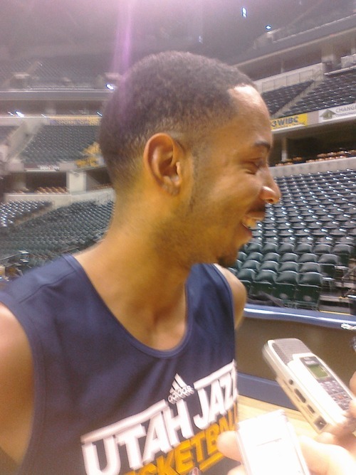 Brian T. Smith  |  The Salt Lake Tribune

Devin Harris speaks with reporters Friday during a Utah Jazz shoot-around in Indianapolis.