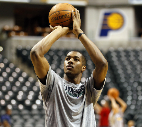 Utah Jazz forward Derrick Favors, shoots a free throw before the game against Indiana Pacers, Thursday, Feb. 25, 2011, at the Conseco Fieldhouse in Indianapolis. (Photo special to The Tribune | Kamil Krzaczynski)