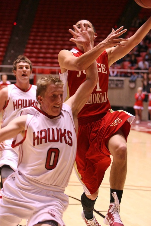 Leah Hogsten  |  The Salt Lake Tribune
Judge's Daniel Shiramizu is fouled by North Sanpete's Kyle Seely. 
Judge High School defeated  North Sanpete High   53-35  during their 3A High School Championship quarterfinals at the Jon M. Huntsman Center on the University of Utah campus on Thursday, Feb. 24, 2011.