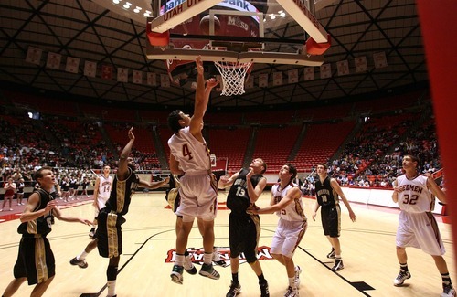 Leah Hogsten  |  The Salt Lake Tribune
Cedar's John Ursua lays one up. 
 Wasatch High School defeated  Cedar Hills High School 53-43 during their 3A High School Championship quarterfinals at the Jon M. Huntsman Center on the University of Utah campus on Thursday, Feb. 24, 2011.