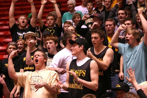 Leah Hogsten  |  The Salt Lake Tribune
Wasatch's fans celebrate as Wasatch High School defeated  Cedar High School 53-43 during their 3A High School Championship quarterfinals at the Jon M. Huntsman Center on the University of Utah campus on Thursday, Feb. 24, 2011.