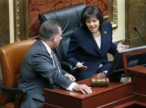 Scott Sommerdorf  |  The Salt Lake Tribune
Speaker of the House Becky Lockhart, R-Provo, has an animated discussion with Sen. Curt Bramble, R-Provo, in the Utah House of Representatives on Thursday.