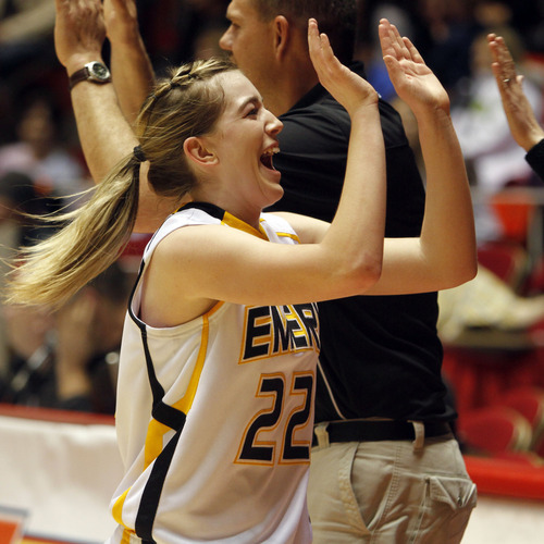 Rick Egan   |  The Salt Lake Tribune

Brooke Jensen ((22) Emery celebrates her teams lead late in the game, in 3A girls state basketball championship game, Carbon vs. Emery, at Huntsman Center, Saturday, February 26, 2011