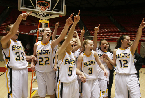 Rick Egan   |  The Salt Lake Tribune

 Emery celebrates their win over Carbon High, in the 3A girls state championship game, at Huntsman Center, Saturday, February 26, 2011