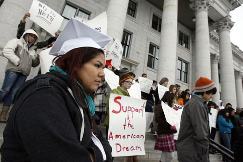 Francisco Kjolseth  |  The Salt Lake Tribune
Itza Hernandez, 19, an undocumented immigrant from Mexico who has lived here since she was 3-years-old joins other opponents of HB191 to repeal in-state college tuition for eligible undocumented students in Utah during a peaceful rally on the front steps of the Utah State Capitol on Saturday.