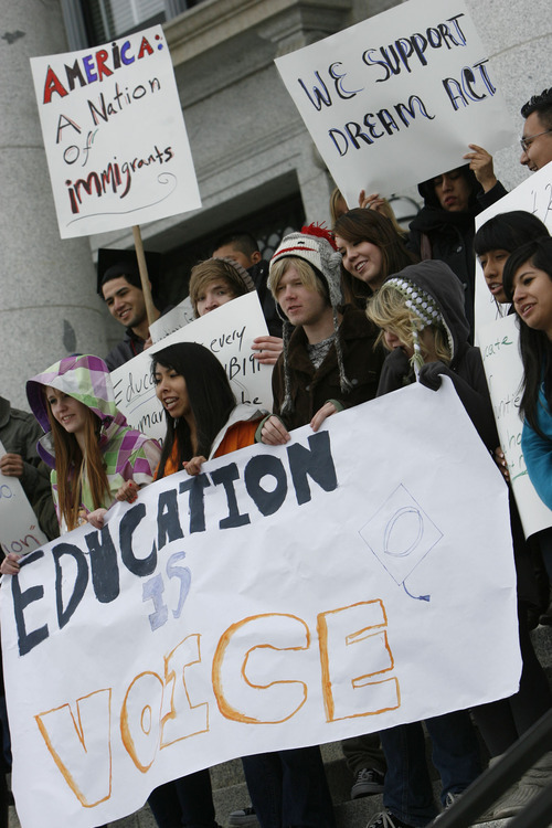 Francisco Kjolseth  |  The Salt Lake Tribune
Opponents of HB191 to repeal in-state college tuition for eligible undocumented students in Utah hold a peaceful rally on the front steps of the Utah State Capitol on Saturday, February 26, 2011.