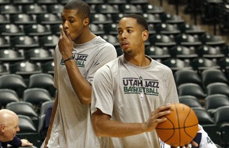 Utah Jazz forward Derrick Favors, left, and guard Devin Harris warming up before the game against Indiana Pacers, Thursday, Feb. 25, 2011, at the Conseco Fieldhouse in Indianapolis. (Photo special to The Tribune | Kamil Krzaczynski)