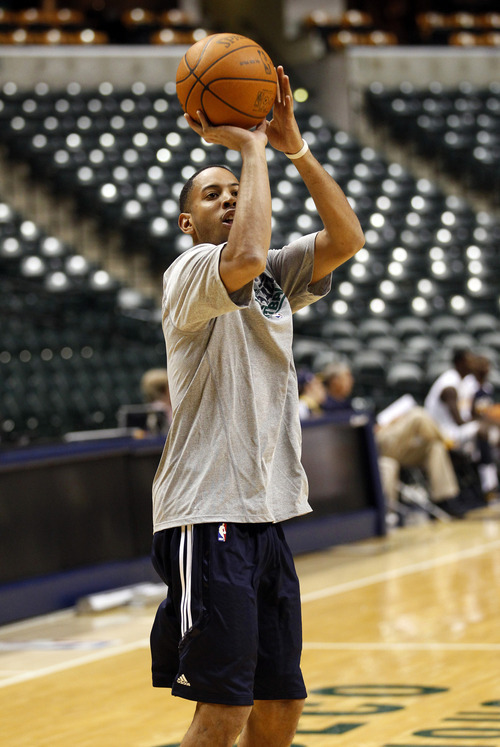 Utah Jazz guard Devin Harris shoots before the game against Indiana Pacers, Thursday, Feb. 25, 2011, at the Conseco Fieldhouse in Indianapolis. (Photo special to The Tribune | Kamil Krzaczynski)