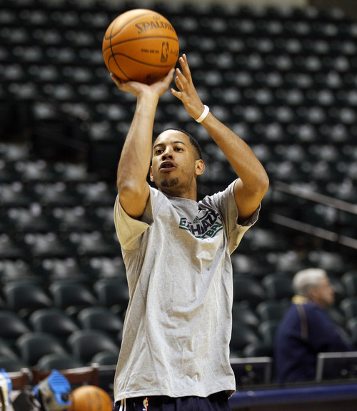 Utah Jazz guard Devin Harris shoots before the game against Indiana Pacers, Thursday, Feb. 25, 2011, at the Conseco Fieldhouse in Indianapolis. (Photo special to The Tribune | Kamil Krzaczynski)