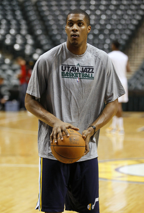 Utah Jazz forward Derrick Favors, warms up before the game against Indiana Pacers, Thursday, Feb. 25, 2011, at the Conseco Fieldhouse in Indianapolis. (Photo special to The Tribune | Kamil Krzaczynski)