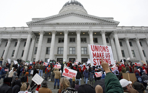 Francisco Kjolseth  |  The Salt Lake Tribune
Union members rally at the Utah State Capitol in Salt Lake City on Saturday, February 26, 2011, to support Wisconsin's public workers, including teachers, against their governor's attempts to eliminate collective bargaining rights.