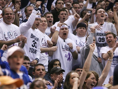 Steve Griffin  |  The Salt Lake Tribune
 
Cougar fans erupt after a Jimmer Fredette three-pointer during a game against CSU in Provo on Wednesday, Feb. 23, 2011.