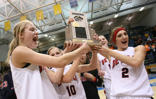 Leah Hogsten  |  The Salt Lake Tribune
Springville celebrates the win.
Springville High School girls defeated Mountain Crest High School 44-40 for the 4A 2011 High School Championship title at Salt Lake Community College Saturday February 26, 2011