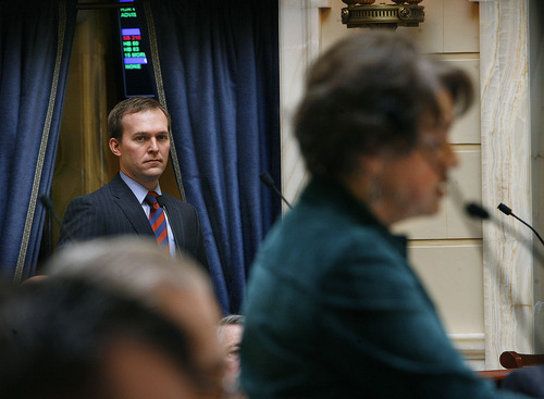 SCOTT SOMMERDORF  |  The Salt Lake Tribune
Sen. Ben McAdams, D-Salt Lake City, listens as Sen. Margaret Dayton, R-Orem, explains why she thinks it's proper that his anti-discrimination bill, SB148. stays mired in the Rules Committee that she heads. McAdams tried repeatedly but failed to get the bill released for a public hearing. While polls show the proposal has widespread public support, Dayton said there simply was no legislative support and lawmakers needed to spend their time more productively.