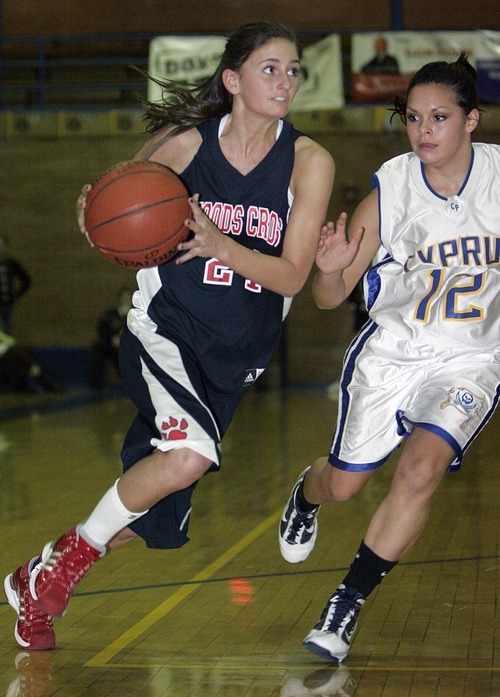 Djamila Grossman  |  The Salt Lake Tribune

Woods Cross High's Liza Jacobsen, 24, drives the ball toward the basket as Cyprus High School's Tiana Sandoval, 12, guards her, during a game in Magna, Utah, Wednesday, Dec. 22, 2010. Cyprus won the game.