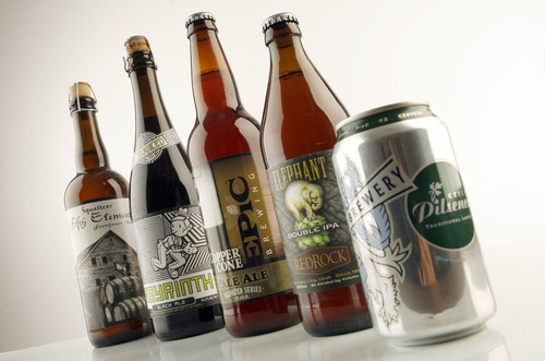 Francisco Kjolseth  |  The Salt Lake Tribune
Mike Riedel names his current favorite Utah beers: Squatters Fifth Element, Uinta's Crooked Line, Labyrinth Black Ale, Epic Brewery's Copper Cone Pale Ale, Red Rock Elephant Double IPA and Bohemian Czech Pilsener, from left.