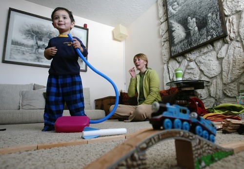Steve Griffin  |  The Salt Lake Tribune
 Vernal resident Pam Rosal worries about the health effects on her family, including two-year-old son Suvan, from high ozone levels in the Uinta Basin. During winter months the basin has some of the highest readings in the nation. She wants a system in place that will warn residents when it's unhealthy outside.