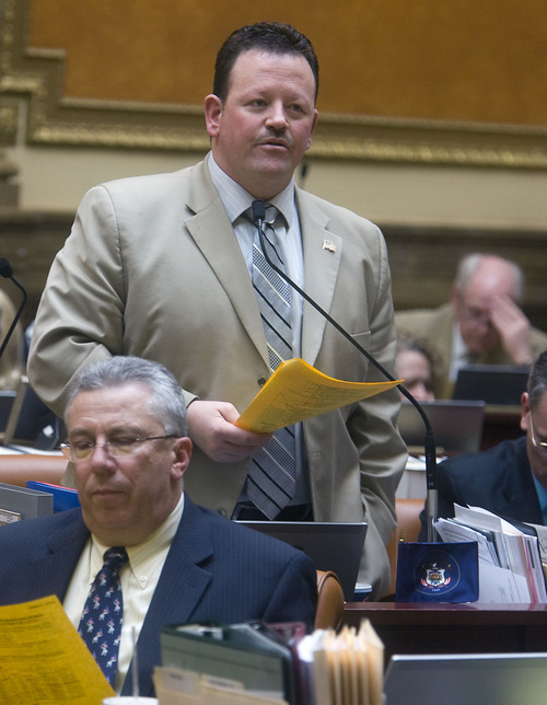 Al Hartmann   |  The Salt Lake Tribune 
Rep. Carl Wimmer speaks on the floor of the Utah House of Representatives on Tuesday, Feb. 22, 2011.