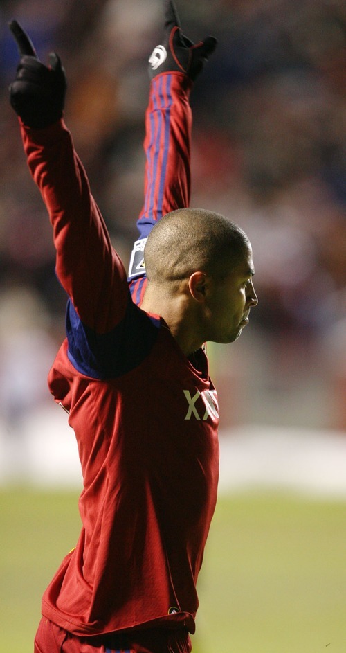Steve Griffin  |  The Salt Lake Tribune
 
Real Salt Lake's Alvaro Saborio raises his arms in celebration after scoring a goal during first-half action in the CONCACAF Champions League quarterfinal game between Real Salt Lake and Columbus at Rio Tinto Stadium in Sandy on Tuesday, March 1, 2011.