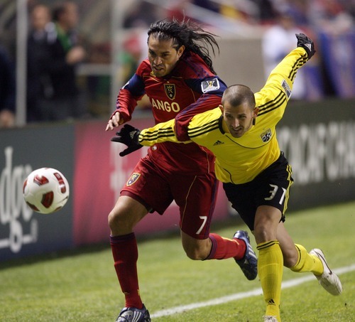 Steve Griffin  |  The Salt Lake Tribune
 
Real Salt Lake's Fabian Espindola, left, battles Josh Gardner, of Columbus, during first-half action in the CONCACAF Champions League quarterfinal game at Rio Tinto Stadium in Sandy on Tuesday, March 1, 2011.