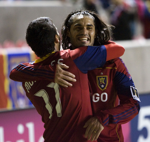 Steve Griffin  |  The Salt Lake Tribune
 
Real Salt Lake's Javier Morales, left, gets a big hug from teammate Fadian Espindola after scoring a goal during first-half action in the CONCACAF Champions League quarterfinal game between Real Salt Lake and Columbus at Rio Tinto Stadium in Sandy on Tuesday, March 1, 2011.