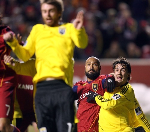 Steve Griffin  |  The Salt Lake Tribune
 
Real Salt Lake's Robbie Russell and Columbus Crew midfielder Cole Grossman battle for position on a corner kick during first-half action in the CONCACAF Champions League quarterfinal game at Rio Tinto Stadium in Sandy on Tuesday, March 1, 2011.