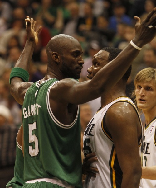 Rick Egan   |  The Salt Lake Tribune

Boston Celtics forward Kevin Garnett and Utah Jazz forward Al Jefferson get in each other's faces in a game in Salt Lake City on Monday, Feb. 28, 2011. A double technical was called on the play.