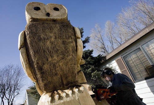 Djamila Grossman  |  The Salt Lake Tribune
Wayne Sharp uses a chain saw to carve two owls in the front yard of a home in South Salt Lake. The owls are carved from the stump of a dying cottonwood tree. Instead of removing the tree, the owners commissioned the sculpture.