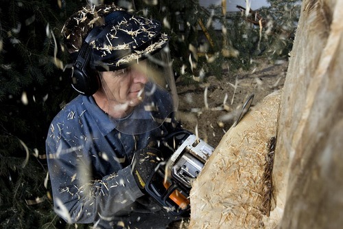 Djamila Grossman  |  The Salt Lake Tribune
Midvale Councilman Wayne Sharp uses a chain saw to carve two owls in a tree stump in South Salt Lake. It is his first attempt at owls on a large scale, though he has done a few that were less than a foot high. He has no formal training and works from photos his daughter finds online. Sharp uses the commissions on sculptures to supplement his landscaping business, although he has donated several sculptures.