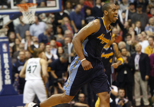 Photo by Chris Detrick | The Salt Lake Tribune 
Denver Nuggets shooting guard Arron Afflalo (6) celebrates after hitting a three-pointer during the second half of the game at EnergySolutions Arena Thursday March 3, 2011.  Denver won the game 103-101.