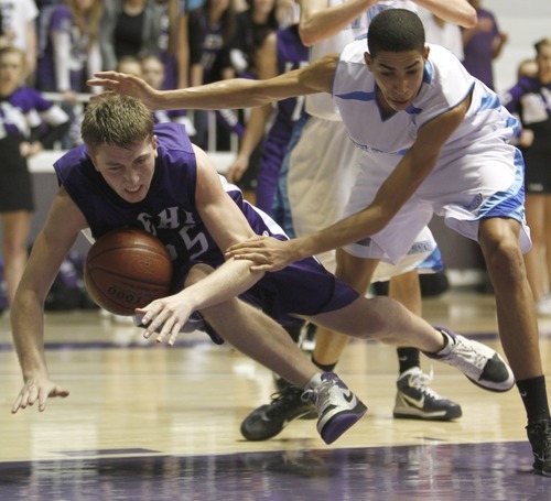 Rick Egan   |  The Salt Lake Tribune

Dustin Draeger	(25),
 Lehi, is fouled by Riley Knowles (10), Sky View in 4A Championship basketball action,
 Lehi vs. Sky View,  at the Dee Event Center in Ogden, Thursday, March 3, 2011