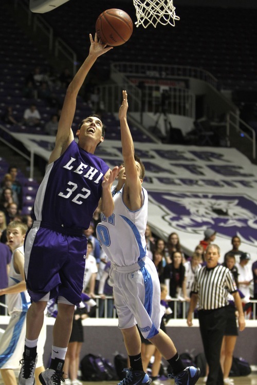 Rick Egan   |  The Salt Lake Tribune

Ryan Christofferson (32) scores for Lehi, as Riley Knowles(10) defends for Sky View, in 4A Championship basketball action,
 Lehi vs. Sky View,  at the Dee Event Center in Ogden, Thursday, March 3, 2011