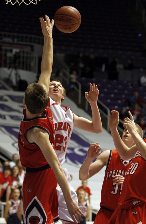 Rick Egan   |  The Salt Lake Tribune

 Nick Williams (23) shoots for Bountiful, in 4A Championship basketball action,  Bountiful vs. Springville, at the Dee Event Center in Ogden, Thursday, March 3, 2011