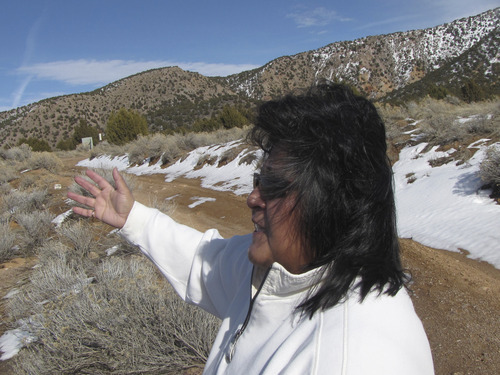 Mark Havnes | The Salt Lake Tribune
Lora Tom, chairwoman of the Cedar Band of Paiutes, points at the site where the tribe hopes to build a travel center on the east side of I-15 six miles south of Cedar City. But the plan hit a road block when a state Senate committee did not advance a bill that would have granted a fuel-tax exemption to the tribe.