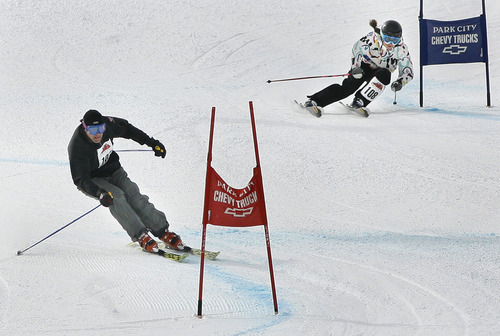 Scott Sommerdorf  |  The Salt Lake Tribune
Alex Brazerol (left) skis against Gabrielle Ricci during The Ability Ski Challenge hosted at Park City Mountain Resort is a fundraiser for the National Ability Center. Skiers and snowboarders of all ages and abilities  competed to claim the top title in categories including Couch Potatoes, Weekend Warriors and Snow Shredders, Saturday, March 5, 2011.