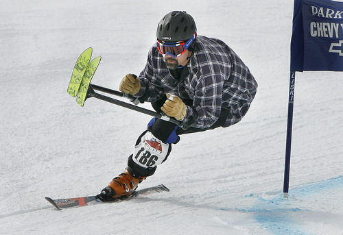 Scott Sommerdorf  |  The Salt Lake Tribune
Monte Meier skis on the blue course for the second of his two times during The Ability Ski Challenge hosted at Park City Mountain Resort on Saturday. Meier had runs of 28.25 and 29.41 during the fundraiser for the National Ability Center. Skiers and snowboarders of all ages and abilities competed to claim the top title in categories including Couch Potatoes, Weekend Warriors and Snow Shredders.