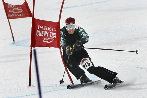 Scott Sommerdorf  |  The Salt Lake Tribune
Tim Gaylord completes his second run to clinch a combined ten second win over his brother Mark Gaylord, former chairman of the board of the National Ability Center. The Ability Ski Challenge hosted at Park City Mountain Resort is a fundraiser for the National Ability Center, Saturday, March 5, 2011.