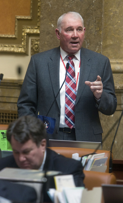 Al Hartmann   |  The Salt Lake Tribune 
Rep. Bill Wright speaks on House Bill 116, the guest worker Program Act, on the house floor Wednesday, Feb. 23.