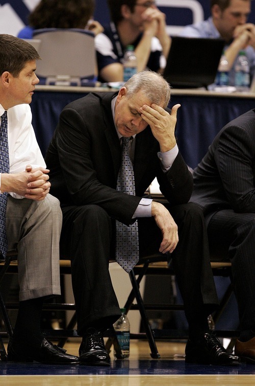Djamila Grossman  |  The Salt Lake Tribune

Brigham Young University plays New Mexico in Provo, Utah, on Wednesday, March 2, 2011. BYU's coach Dave Rose reacts as his team falls behind in the second half. BYU lost the game.