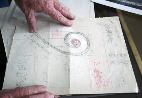 Steve Griffin  |  The Salt Lake Tribune
 
Bob Phillips looks over the original drawings for the Spiral Jetty  in his Ogden home on Thursday, Feb. 24, 2011.  Phillips was the contractor who built the Spiral Jetty for artist Robert Smithson.