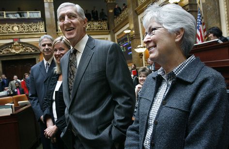 Scott Sommerdorf  |  The Salt Lake Tribune
Former Utah Jazz head coach Jerry Sloan and assistant coach Phil Johnson (far left) listen as they are applauded in the Utah House of Representatives, Monday, March 7, 2011. The two former coaches were accompanied by Gail Miller, right, wife of the late Jazz owner Larry Miller and Tammy Sloan, the retired coach's wife, to Jerry Sloan's right.