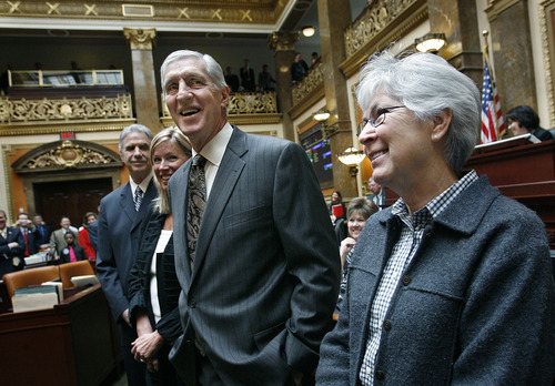 Scott Sommerdorf  |  The Salt Lake Tribune
Former Utah Jazz head coach Jerry Sloan and assistant coach Phil Jackson (far left) listen as they are applauded in the Utah House of Representatives, Monday, March 7, 2011. The two former coaches were accompanied by Gail Miller, right, wife of the late Jazz owner Larry Miller. Tammy Sloan, wife of Jerry Sloan, is to the retired coach's right.