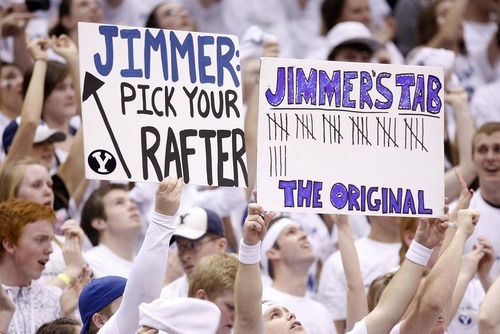 Trent Nelson  |  The Salt Lake Tribune
BYU fans hold up signs celebrating BYU's Jimmer Fredette as BYU hosts Wyoming, college basketball in Provo, Utah, Saturday, March 5, 2011.