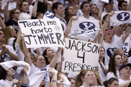 Trent Nelson  |  The Salt Lake Tribune
BYU fans hold up signs celebrating BYU's Jimmer Fredette and Jackson Emery as BYU hosts Wyoming, college basketball in Provo, Utah, Saturday, March 5, 2011.