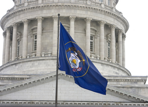 Al Hartmann   |  The Salt Lake Tribune 
The new design of the corrected Utah state flag flies above the Capitol on Wednesday. The Legislature passed HB490 designating each March 9 as Utah State Flag day.