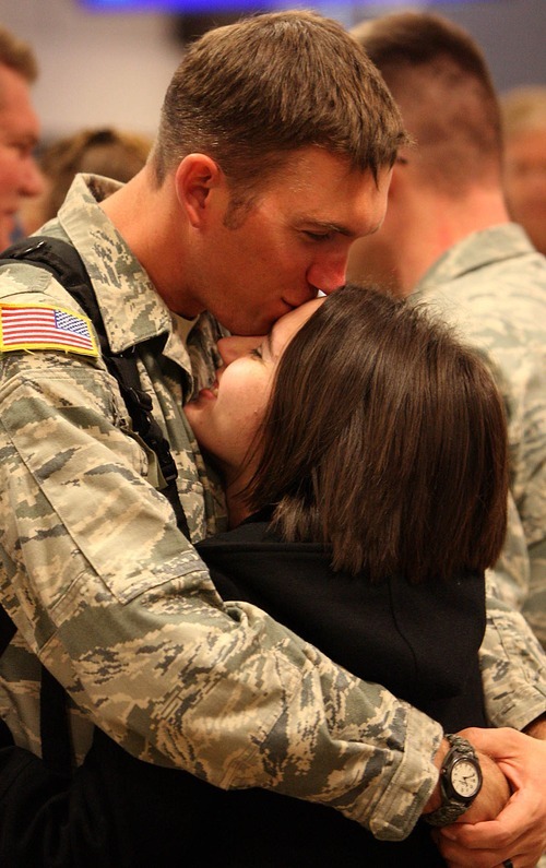 Leah Hogsten  |  The Salt Lake Tribune
Tech Sgt. Steven Azevedo hugs his wife, Diana.