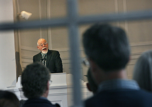 Scott Sommerdorf  |  The Salt Lake Tribune
The Rev. Tom Goldsmith speaks to his congregation about the Tim DeChristopher trial and the shared responsibility of activism. The Unitarian Universalist Church in Salt Lake City showed it's support for Tim DeChristopher during it's service, Sunday, March 6, 2011.