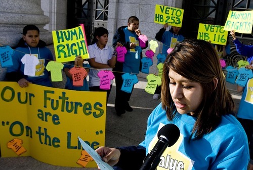 DJAMILA GROSSMAN  |  The Salt Lake Tribune
Nelly Flores, 18, reads a statement as she gathers with other local youth outside the Capitol to read messages regarding immigration bills in the Legislature on Wednesday. The rally was was organized around the theme 