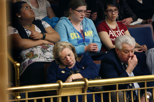 Scott Sommerdorf  |  The Salt Lake Tribune
Showing the signs of a long legislative session, Eagle Forum founder Gayle Ruzicka falls asleep in the gallery of the Utah Senate, Thursday, March 10, 2011.
